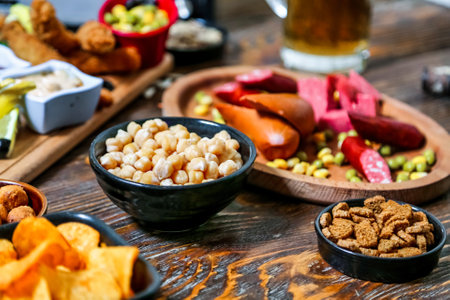 A wooden table showcases an array of bowls filled with delicious food.の写真素材