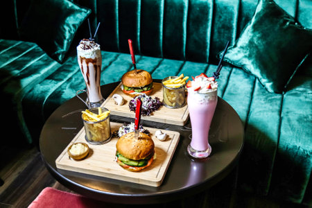 A table displays two trays filled with sandwiches and drinks.の写真素材
