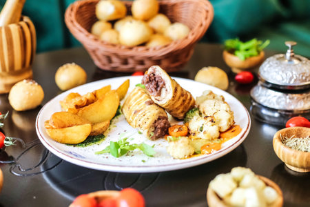 A white plate is placed on a table, topped with a variety of delicious food.の写真素材