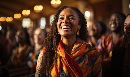A woman stands among a group of people, smiling confidently.の素材