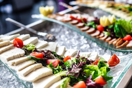 A close up view of a meticulously arranged plate of delectable food placed on a table.