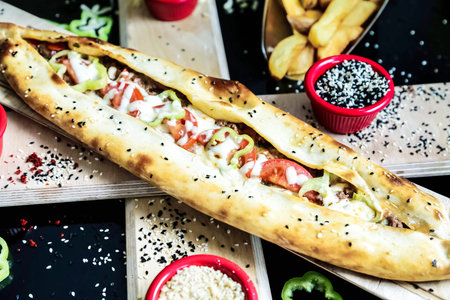 A single long piece of bread is seen resting on top of a wooden cutting board.