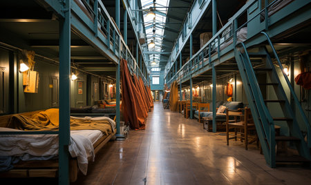 A long room with bunk beds lining the walls, illuminated by the natural light streaming in through a skylight.の素材