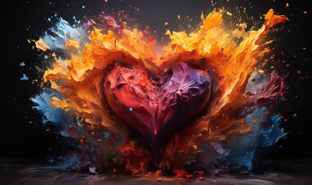 A heart-shaped symbol crafted from flames and liquid, showing contrasting elements of fire and water.の素材