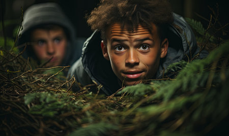 One man conceals himself in the woods while another man watches intently.の素材