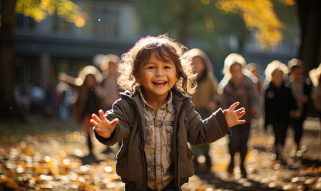 A young girl stands in the center of a park covered in fallen leaves.の素材