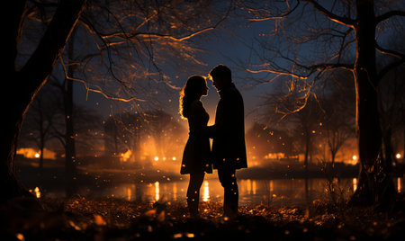 A man and a woman standing side by side in a forest setting, surrounded by trees and nature.の素材
