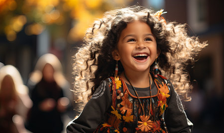 A young female child with curly hair grins joyfully at the camera.の素材