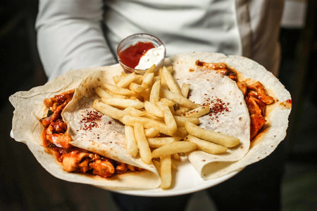 A person holds a plate filled with delicious food, including crispy french fries.の写真素材
