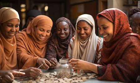 A group of women standing around a jar, engaged in conversation and observing its contents.の素材
