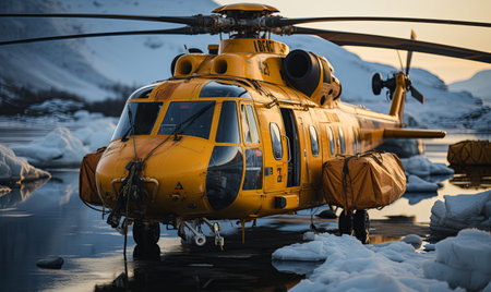 A yellow helicopter is parked on top of the icy ground, ready for transporting mining equipment to remote areas.の素材