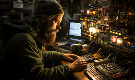 A man seated in front of a computer screen in a dimly lit room, focused on his work.の素材