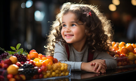 A young girl sits at a table with an array of assorted fruits spread out before her.の素材