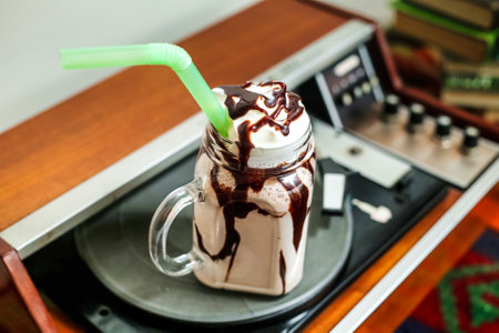 A glass of chocolate milkshake, topped with whipped cream, featuring a vibrant green straw.の写真素材