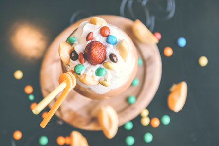 A cupcake adorned with colorful candy toppings, presented on a plate.の写真素材