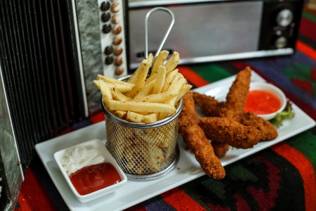 A plate filled with golden crispy French fries accompanied by a basket filled with ketchup.の写真素材