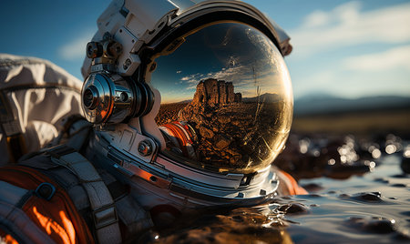 Detailed shot of an astronauts helmet submerged in water, showcasing reflections and distortion.の素材