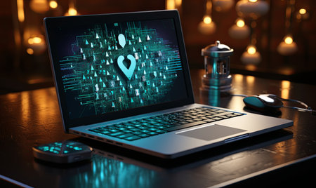 A laptop computer sits on a wooden desk, ready for work or study.の素材