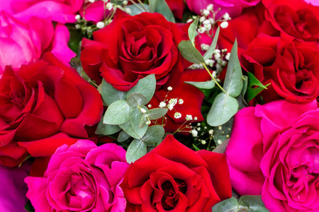 A close-up photo of a bouquet of red and pink roses with green foliage.の写真素材