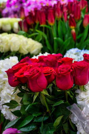 A close-up view of a vibrant red rose bouquet with green leaves, surrounded by other flowers in a market.の写真素材