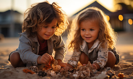 Two young girls playing and building a sandcastle together on a sandy beach.の素材
