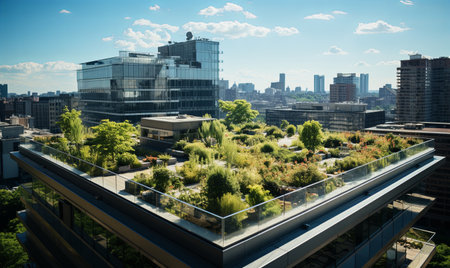 A green roof implemented on top of a city skyscraper, contributing to energy efficiency and environmental sustainability.の素材