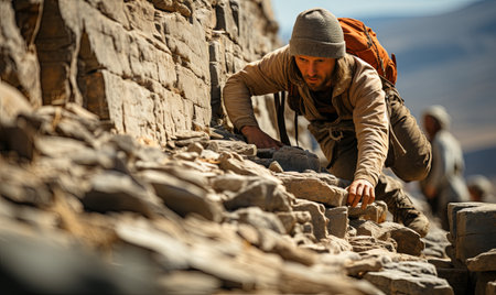 A man scaling the side of a rough stone wall using his hands and feet.の素材