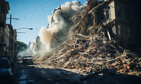 A significant amount of ruble deposited on the side of a road, potentially from recent construction or demolition work.の素材