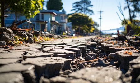 A street filled with numerous rocks, creating a rough and challenging terrain for vehicles and pedestrians.の素材
