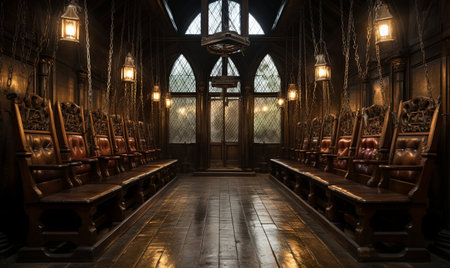 A large room filled with multiple benches set up in rows, creating a seating area for many individuals.の素材
