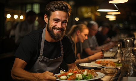 A man is seated at a table with a plate of food in front of him.の素材
