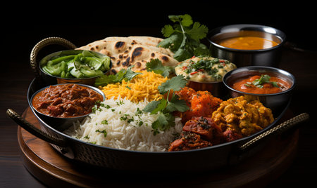 A plate filled with a variety of rice, meat, and vegetables.の素材