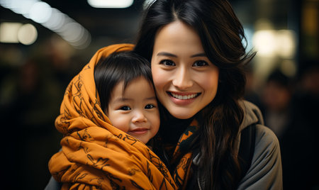 A woman gently holds a child in her arms, both looking towards each other with a sense of tenderness and care.の素材