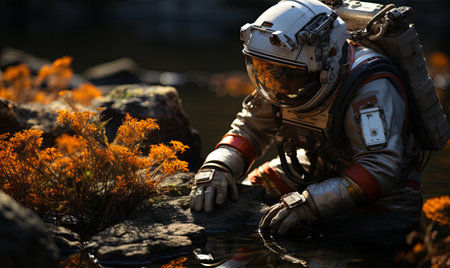 A man in a space suit sitting on a rock next to colorful flowers.の素材