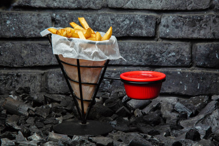 French fries served in a wire basket with a red dipping sauce.