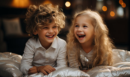 Siblings in pajamas enjoy a playful moment, laying on a bed and laughing together.の素材