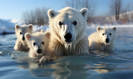 A family of polar bears navigating treacherous waters as they swim together in the frigid Arctic sea.の素材