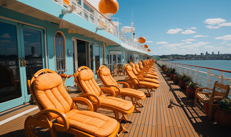 Chairs lined up neatly on a wooden deck, creating a simple and orderly outdoor seating arrangement.の素材