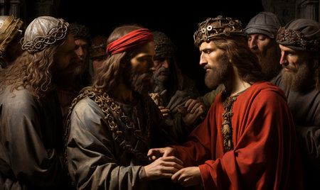 A diverse group of men standing next to each other in a row, all facing the same direction.の素材