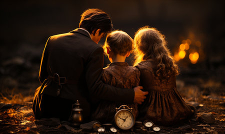 A man and two young girls sitting on the ground together.の素材