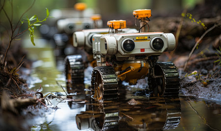 Close up of a toy robot standing on a puddle of water, reflecting its metallic surface.の素材