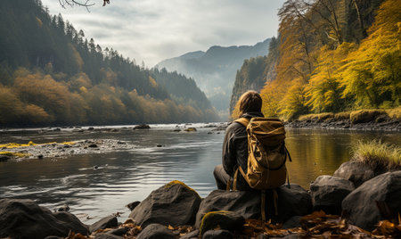 A person wearing a backpack sits on a rock next to a flowing river.の素材