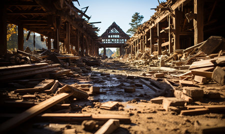 A weathered old building surrounded by a lot of debris on the ground, showing neglect and disarray.の素材