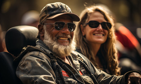 A man with a beard and sunglasses seated beside a woman in a casual setting.の素材