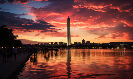 The Washington Monument in Washington DC stands tall against a fiery sunset sky.の素材