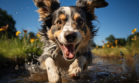 A dog splashing through a body of water in motion.の素材