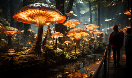 Several individuals standing by a dense forest rich with various types of mushrooms.の素材