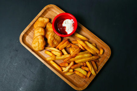 Chicken nuggets, fries, ketchup, and mayonnaise served on a wooden tray.