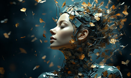 A womans head surrounded by colorful butterflies in flight.の素材