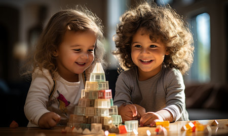 Two young girls are joyfully playing with a colorful tower of blocks, building and creating together.の素材